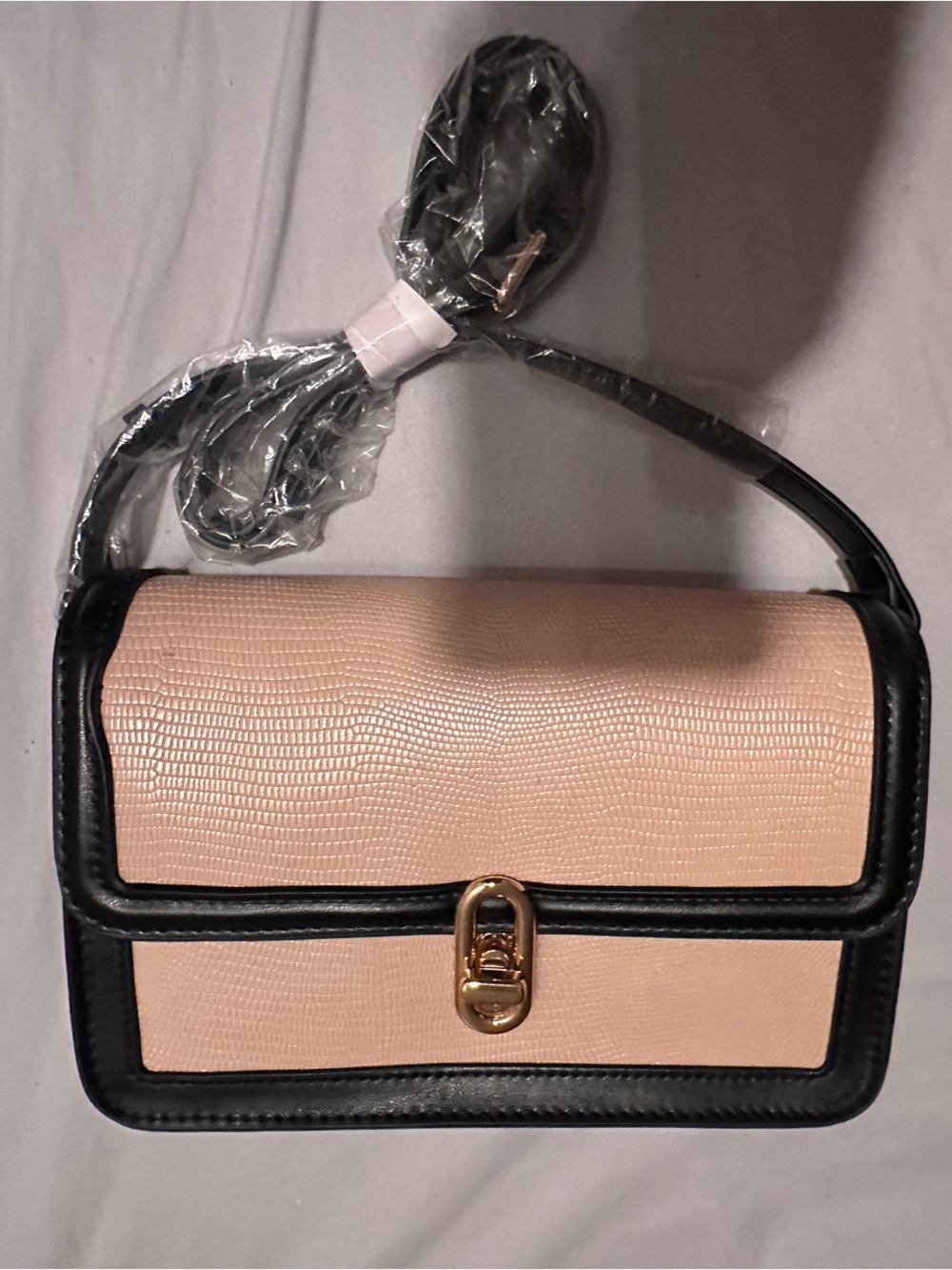 Jules Kae Mia Crossbody Flap Bag Beige Tan Black Vegan Leather 9x6x3 New